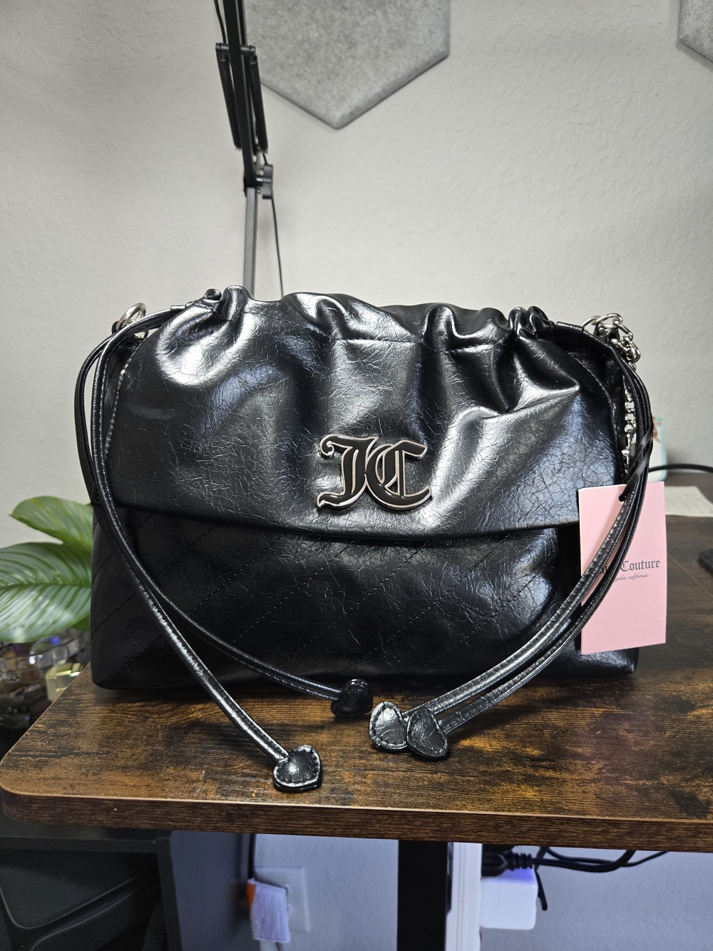 Juicy Couture Black Quilted JC Logo Drawstring Shoulder Bag with Chain